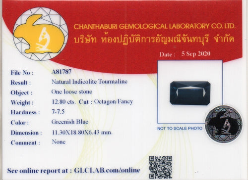 Laboratory report for CERTIFICATE Incl.* Big 12.80ct IF Natural Greenish Blue Indicolite Tourmaline