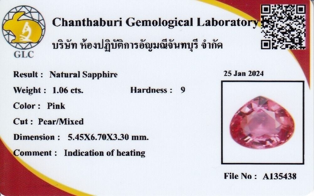 Laboratory report for CERTIFICATE Incl.* 1.06ct VS Pear Natural Pink Sapphire Mozambique Gemstone