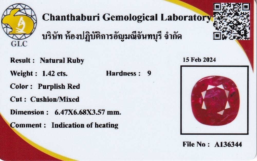Laboratory report for CERTIFICATE Incl.* 1.42ct Cushion Natural Purplish Red Ruby Mozambique Gemstone