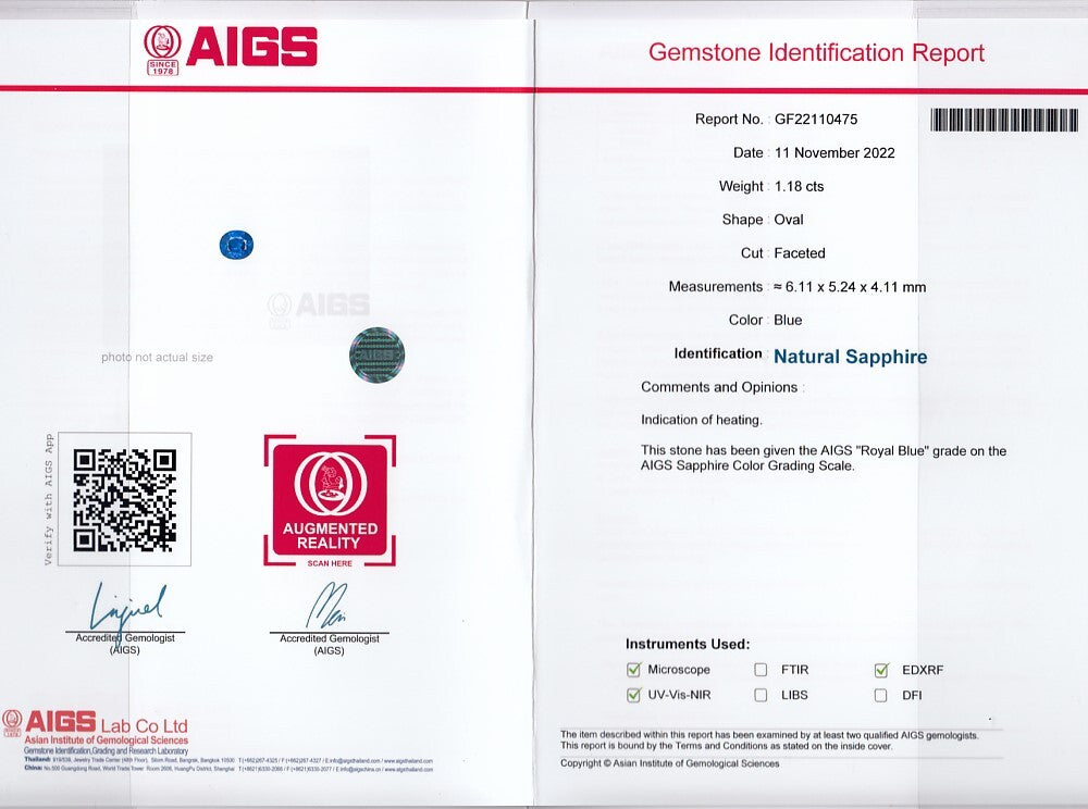 Laboratory report for AIGS CERTIFICATE Incl.* 1.18ct VS Oval Natural Blue Sapphire Gemstone, Heated