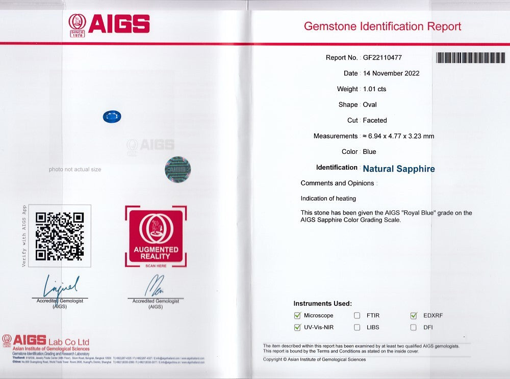 Laboratory report for AIGS CERTIFICATE Incl.* 1.01ct VS Oval Natural Blue Sapphire Gemstone, Heated