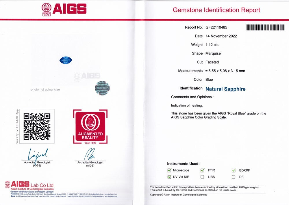 Laboratory report for AIGS CERTIFICATE Incl.*1.12ct VVS Marquise Natural Blue Sapphire Gemstone Heated