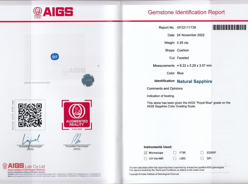 Laboratory report for AIGS CERTIFICATE Incl.*0.95ct VVS Cushion Natural Blue Sapphire Gemstone, Heated