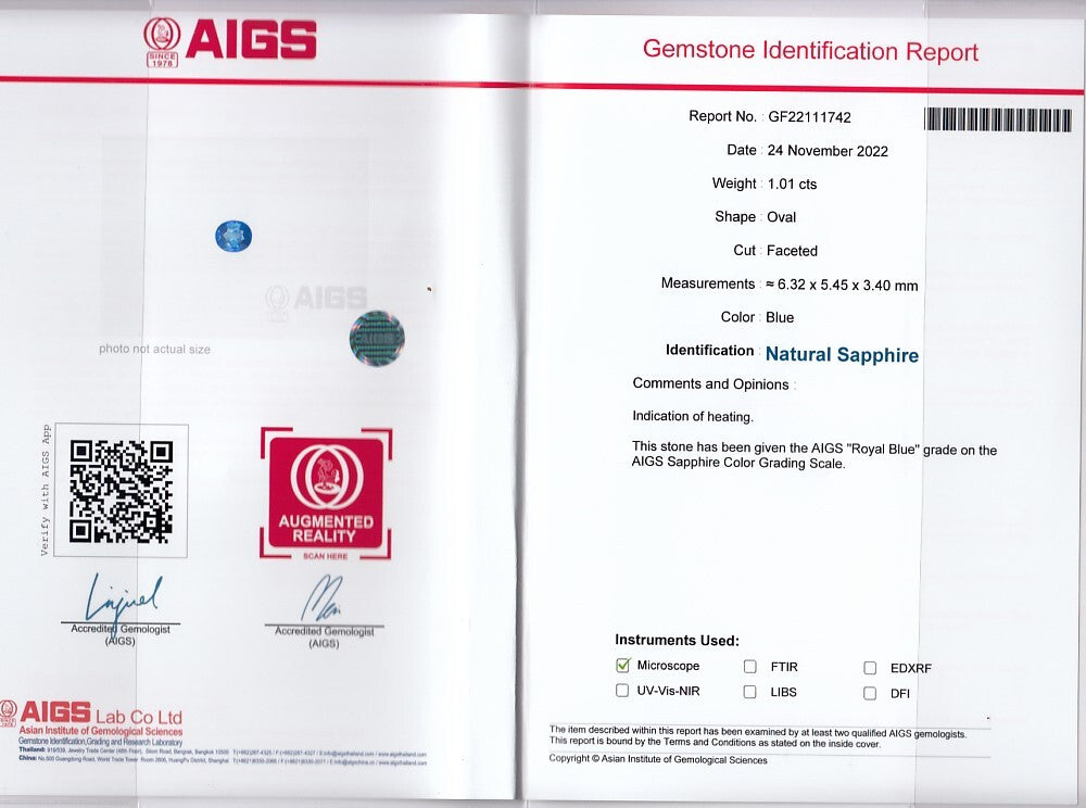 Laboratory report for AIGS CERTIFICATE Incl.* 1.01ct VVS Oval Natural Blue Sapphire Gemstone, Heated