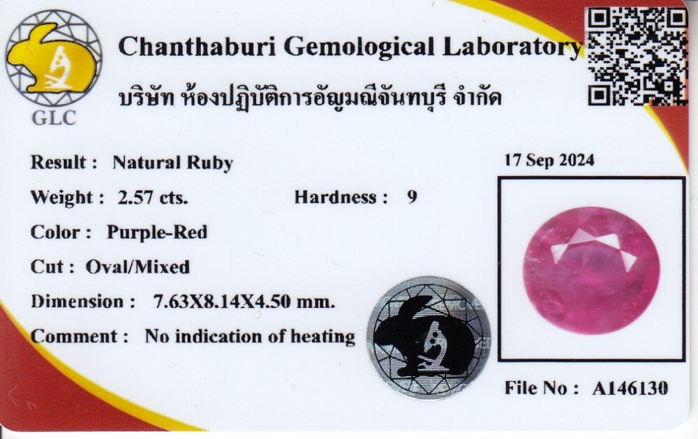 Laboratory report for CERTIFICATE Incl.* 2.57ct Oval Natural Unheated Purple-Red Ruby, Gemstone