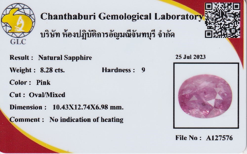 Laboratory report for GLC Big! 8.28ct Oval Pink Sapphire - Unheated, Africa Gemstone