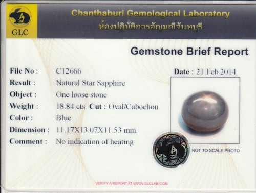Laboratory report for GLC Report 18.84ct Oval Natural Blue 6 Ray Star Sapphire - Unheated Gemstone