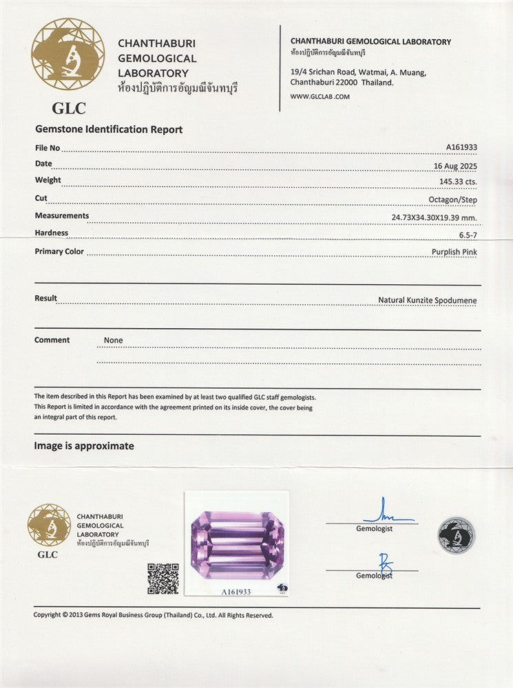 Laboratory report for Rare 145.33ct Orchid Twilight Pink Kunzite - Natural IF Clarity Octagon Cut