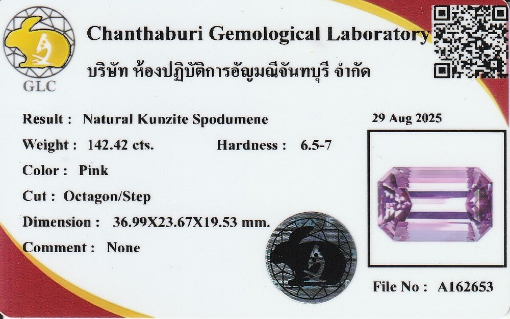 Laboratory report for Colossal 142.42ct Natural Sakura Twilight Pink Kunzite - (IF) Magnificent Gem
