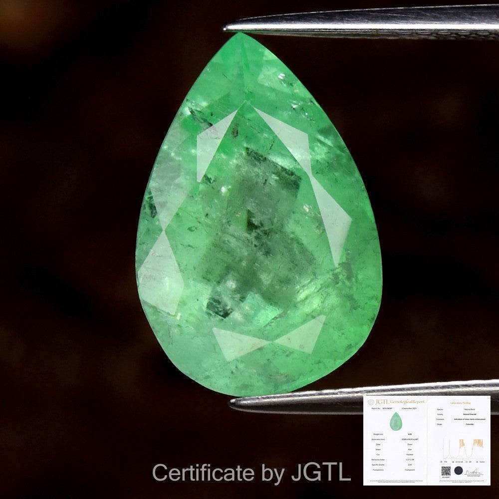 JGTL CERTIFIED* 6.02ct Pear Natural Green Emerald - Collector’s Choice