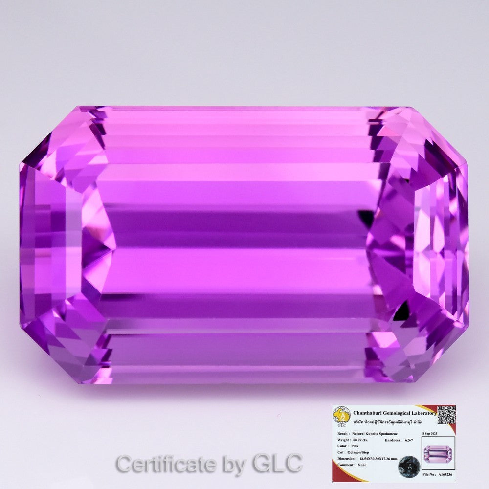 GLC CERTIFIED Gorgeous 88.29ct IF Natural Octagon Electric Neon Pink Kunzite