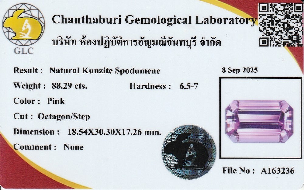 Laboratory report for GLC CERTIFIED Gorgeous 88.29ct IF Natural Octagon Electric Neon Pink Kunzite