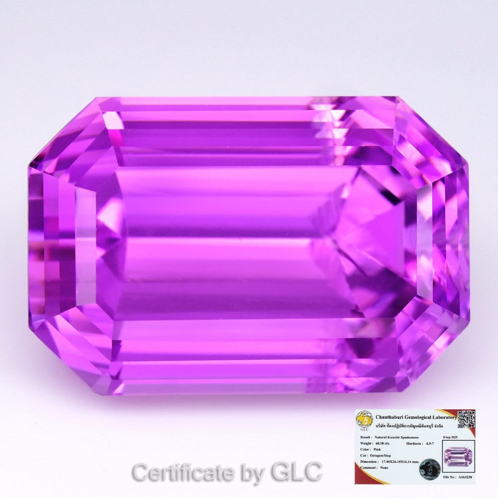 GLC CERTIFIED Lustrous 68.10ct IF Natural Octagon Neon Electric Pink Kunzite