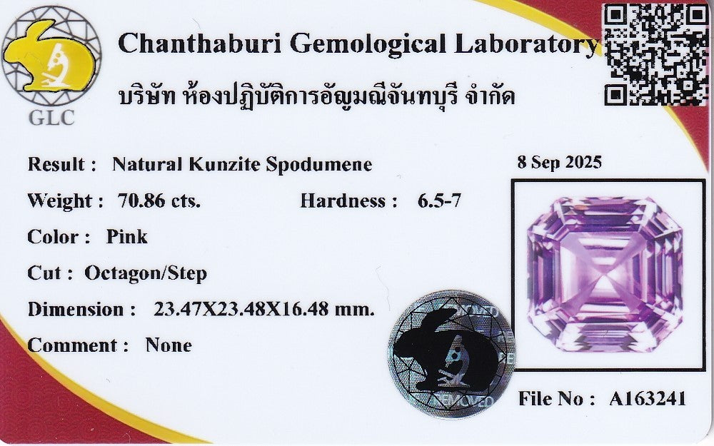 Laboratory report for GLC CERTIFIED Rare 70.86ct IF Octagon Natural Royal Pink Kunzite Museum Grade