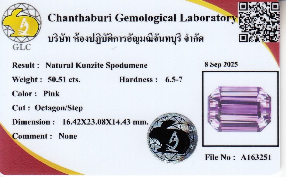 Laboratory report for GLC CERTIFIED Huge! 50.51ct VVS Octagon Natural Pink Kunzite - Gorgeous Gem