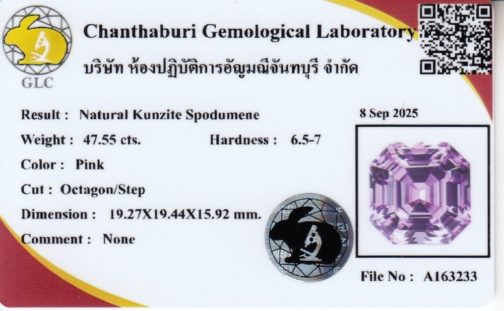 Laboratory report for GLC CERTIFIED 47.55ct IF Octagon Natural Pink Kunzite - Luxurious Gemstone