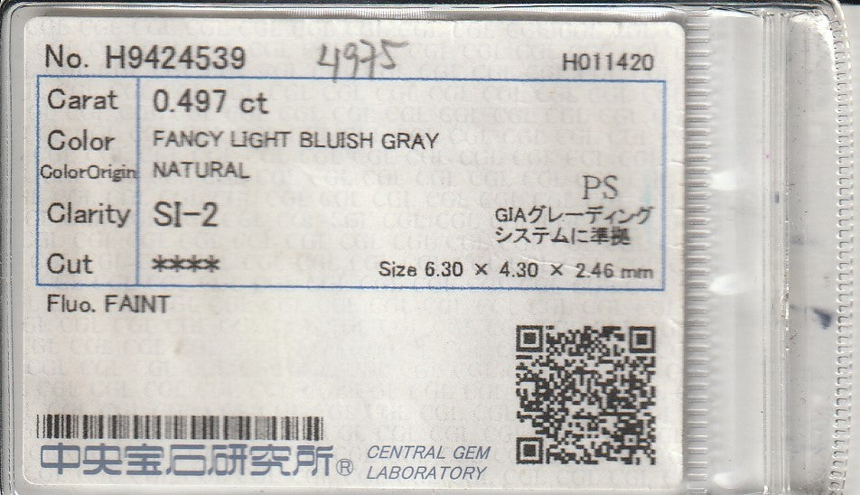 Laboratory report for CGL CERTIFIED 0.50ct Pear Natural Untreated Fancy Light Bluish Gray Diamond