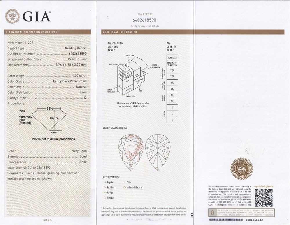 Laboratory report for GIA FULL CERTIFIED 1.02ct Natural Untreated Fancy Dark Pink Brown Diamond I2