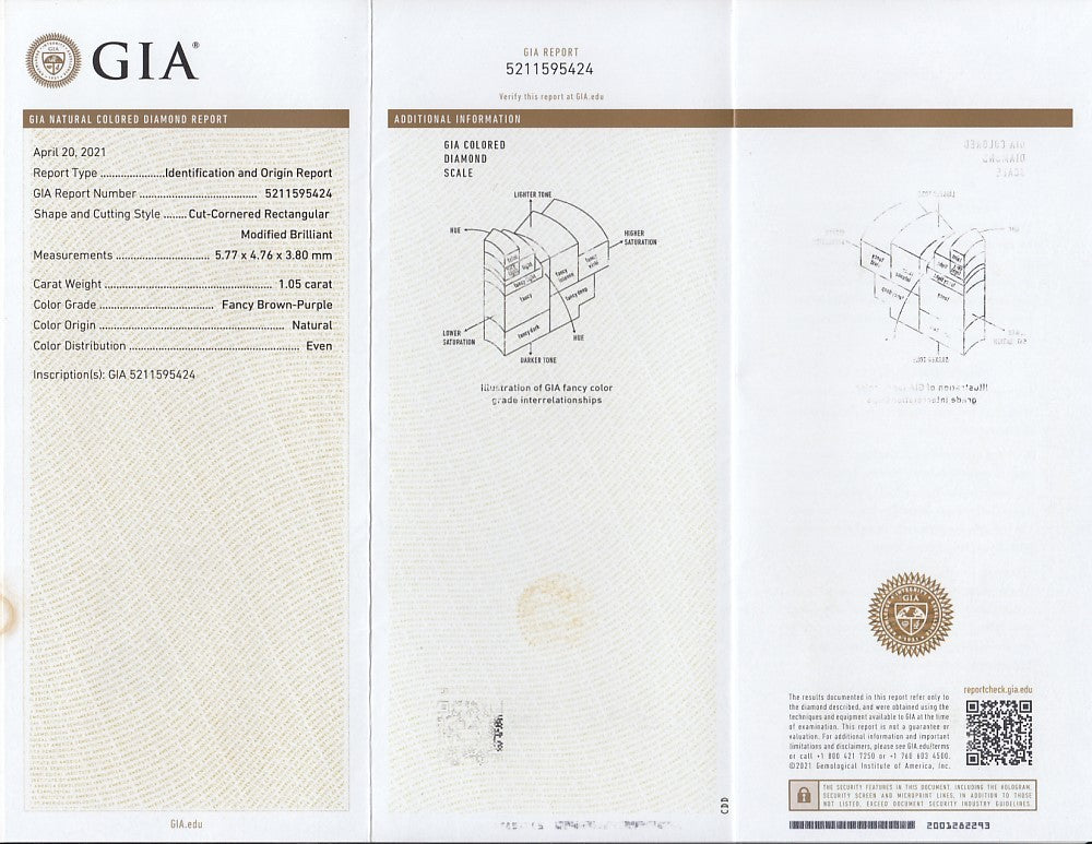 Laboratory report for GIA FULL CERTIFIED 1.05ct Natural Untreated Fancy Brown Purple Diamond I2