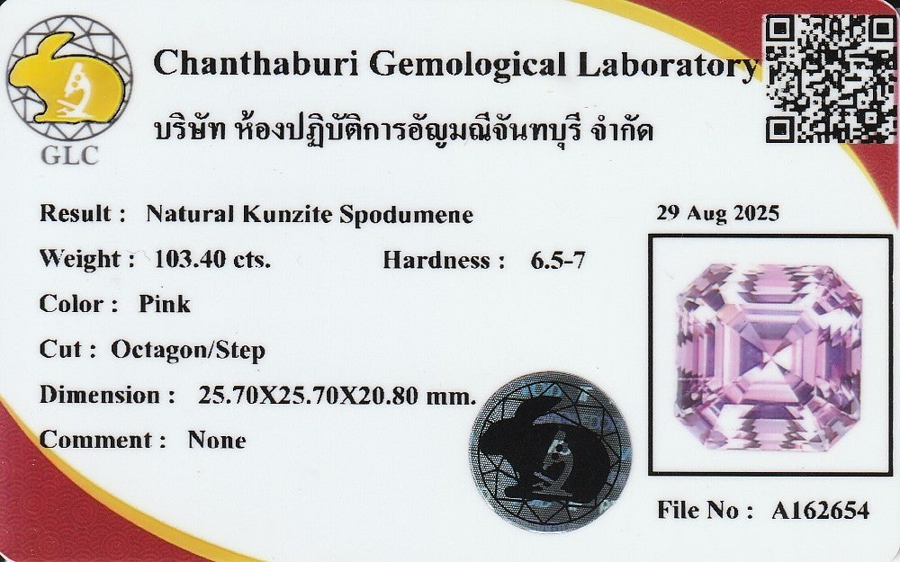 Laboratory report for Huge 103.40ct Natural Vivid Rosé Peach Pink Kunzite - (IF) Investment Grade
