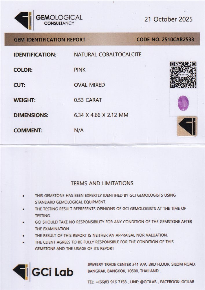 Laboratory report for GCI CERTIFIED Rare! 0.53ct Oval Natural Pink Cobaltocalcite - Africa Gemstone