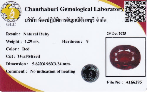 Laboratory report for GLC CERTIFIED 1.29ct Oval Natural Red Ruby - Unheated, Mozambique Gemstone