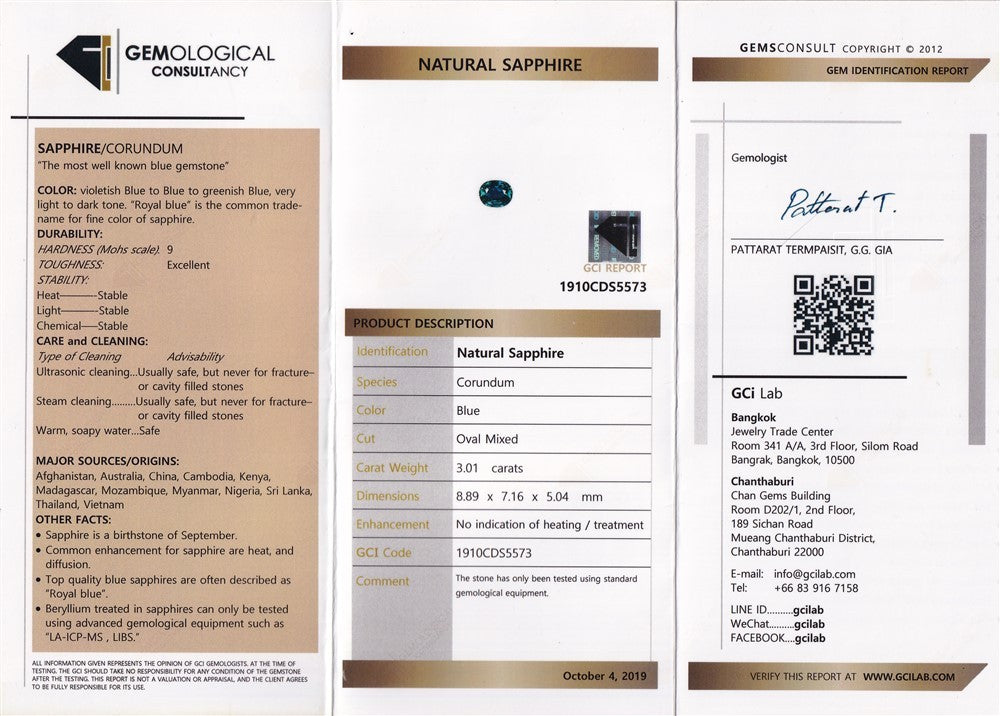 Laboratory report for GCI CERTIFIED 3.01ct VVS Oval Natural Blue Sapphire - Unheated, Madagascar Gem