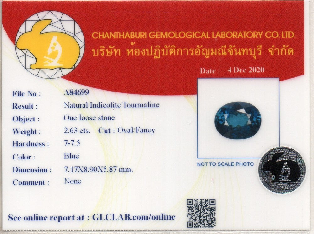 Laboratory report for GLC CERTIFIED 2.63ct VVS Oval Natural Unheated Blue Indicolite Tourmaline Gem