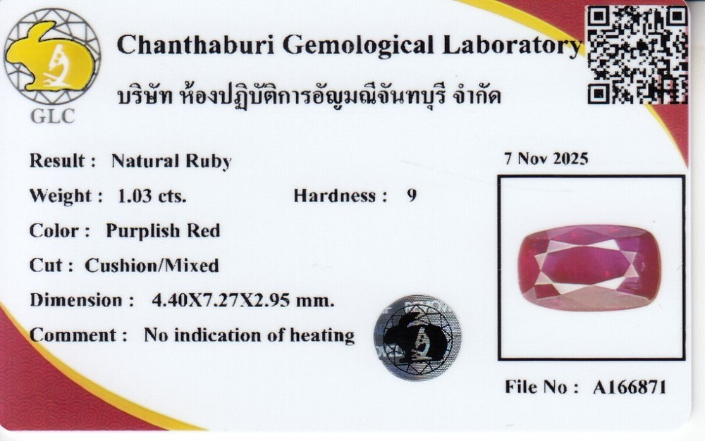 Laboratory report for GLC CERTIFIED 1.03ct Cushion Natural Purplish Red Ruby - Unheated, Gemstone