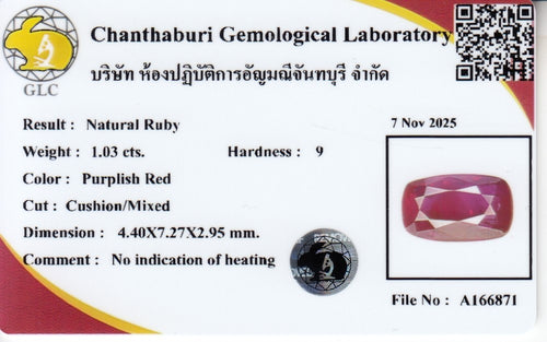 Laboratory report for GLC CERTIFIED 1.03ct Cushion Natural Purplish Red Ruby - Unheated, Gemstone