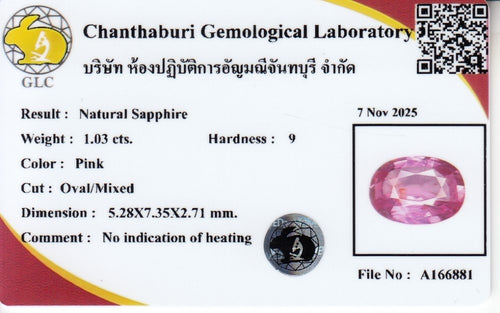 Laboratory report for GLC CERTIFIED 1.03ct VS Oval Natural Pink Sapphire - Unheated, Mozambique Gem