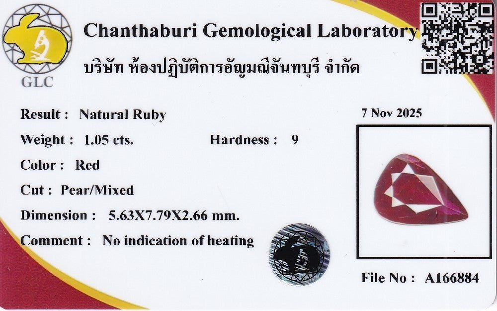 Laboratory report for GLC CERTIFIED 1.05ct Pear Natural Red Ruby - Unheated, Mozambique Gemstone