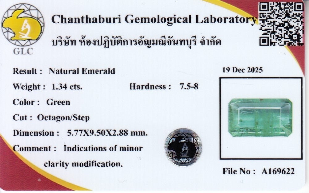 Laboratory report for GLC CERTIFIED 1.34ct Octagon Natural Green Emerald - Colombia Gemstone