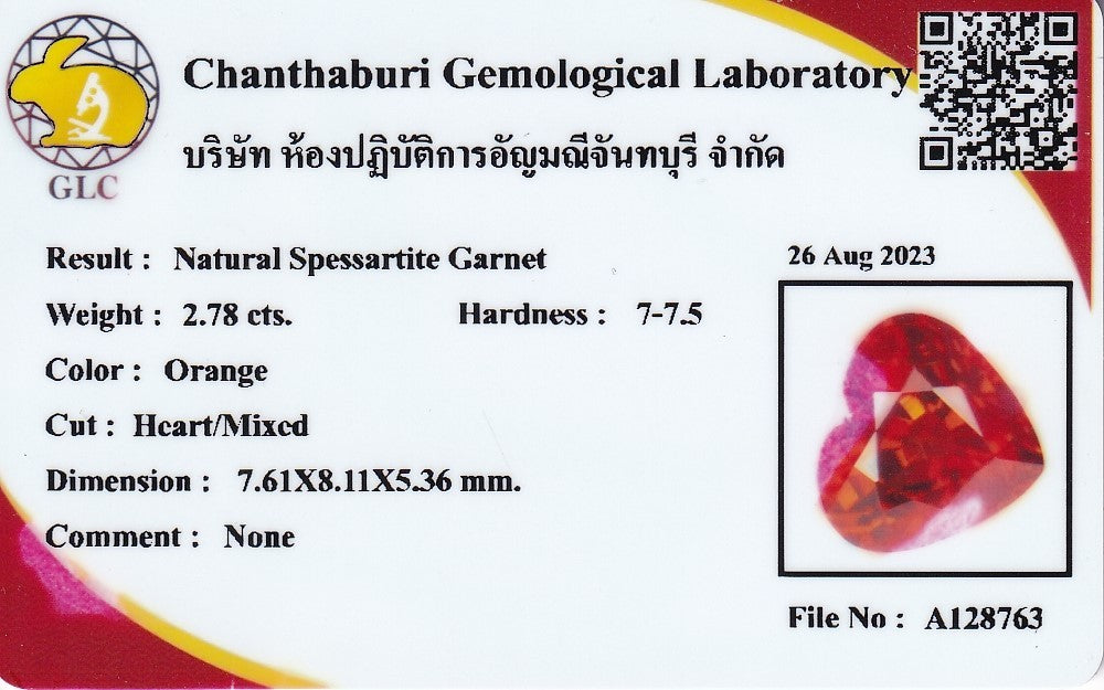 Laboratory report for GLC CERTIFIED 2.78ct VVS Heart Natural Orange Spessartite Garnet Gemstone