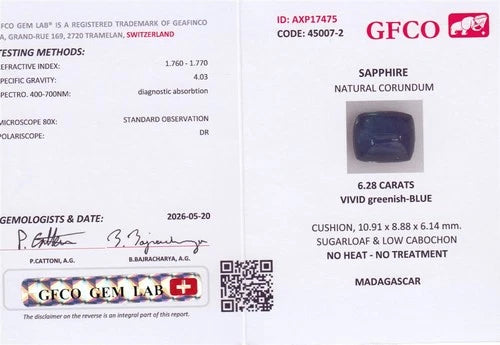 GFCO CERTIFIED Unheated 6.28ct Cushion Natural Vivid Greenish Blue Sapphire — view 2
