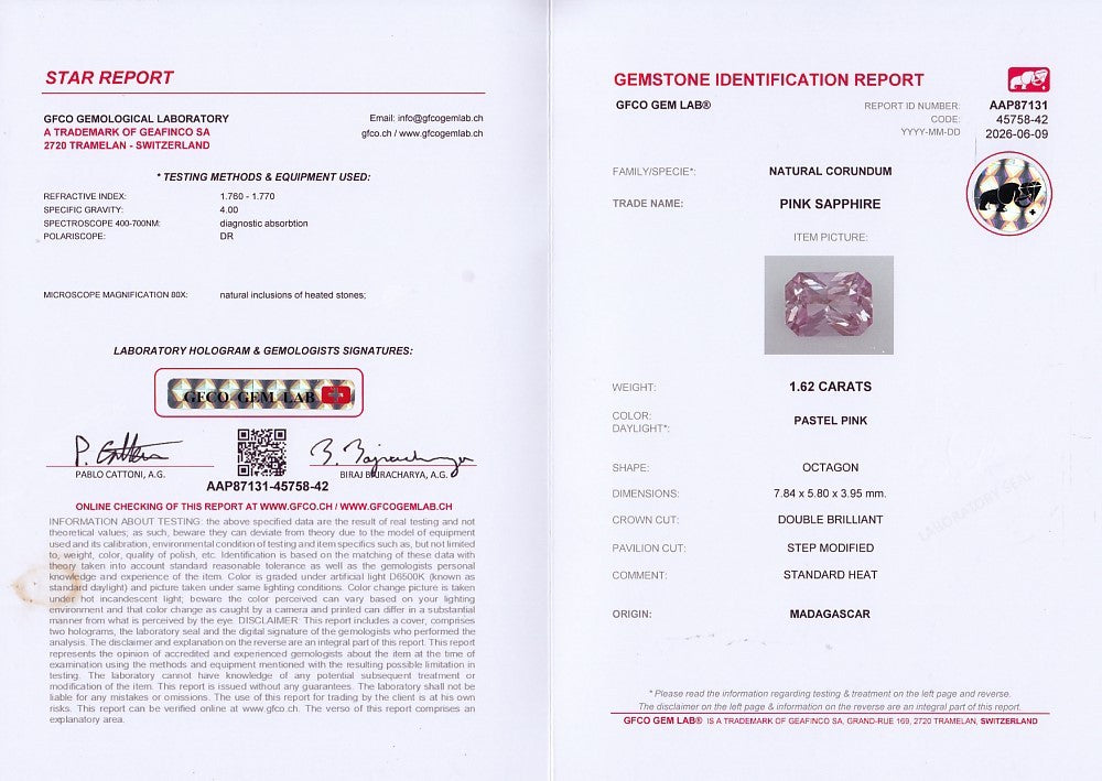 Laboratory report for GFCO CERTIFIED 1.62ct VS Natural Pastel Pink Sapphire - Heated, Madagascar Gem