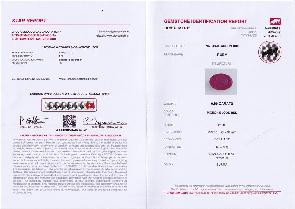 Laboratory report for GFCO CERTIFIED 0.90ct Oval Natural Pigeon Blood Red Ruby - Heated, Burma Gem