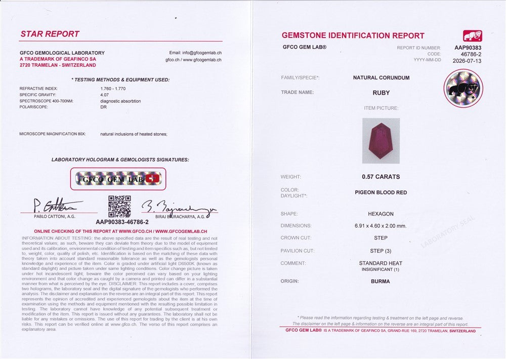 Laboratory report for GFCO CERTIFIED 0.57ct VS Hexagon Natural Pigeon Blood Red Ruby - Heated, Burma
