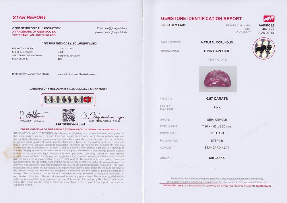 Laboratory report for GFCO CERTIFIED 0.97ct VS Semi Cercle Natural Pink Sapphire - Heated, Sri Lanka