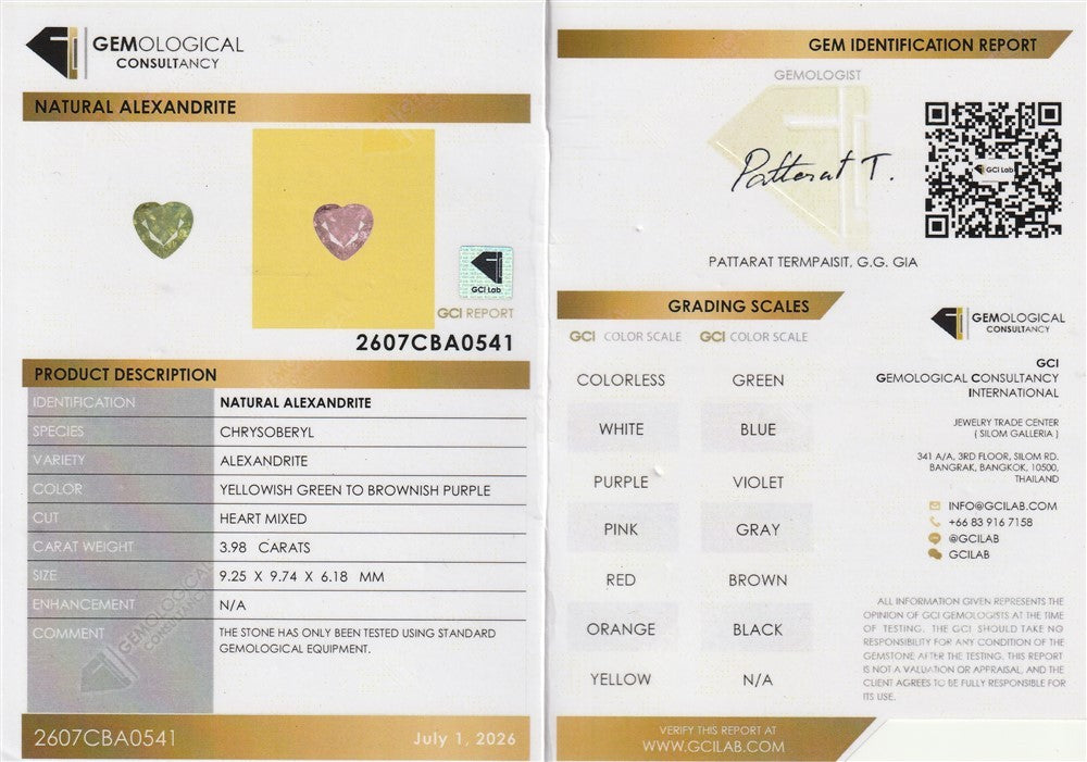 Laboratory report for GCI CERTIFIED 3.98ct Heart Natural Yellowish Green Alexandrite - Madagascar