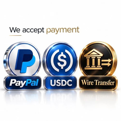 White box with gold text “We accept payment” beside PayPal logo, US dollar sign, and wire transfer icon.