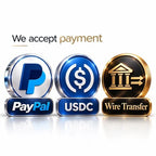 White box with gold text “We accept payment” beside PayPal logo, US dollar sign, and wire transfer icon.