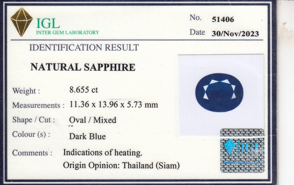 Laboratory report for IGL CERTIFIED 8.66ct Oval Natural Dark Blue Sapphire - Heated, Thailand Gem
