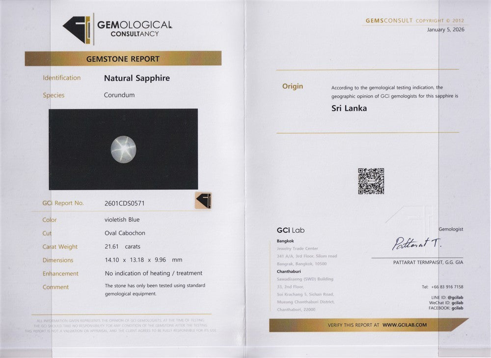 Laboratory report for GCI CERTIFIED Unheated 21.61ct Natural Sharp 6 Ray Star Sapphire Sri-Lanka