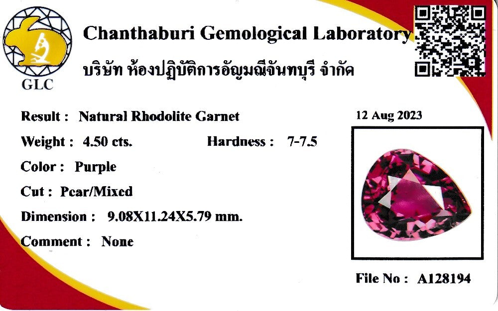 Laboratory report for CERTIFICATE Incl.* 4.50ct VS Pear Natural Purple Rhodolite Garnet, Madagascar