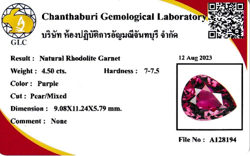 Laboratory report for CERTIFICATE Incl.* 4.50ct VS Pear Natural Purple Rhodolite Garnet, Madagascar