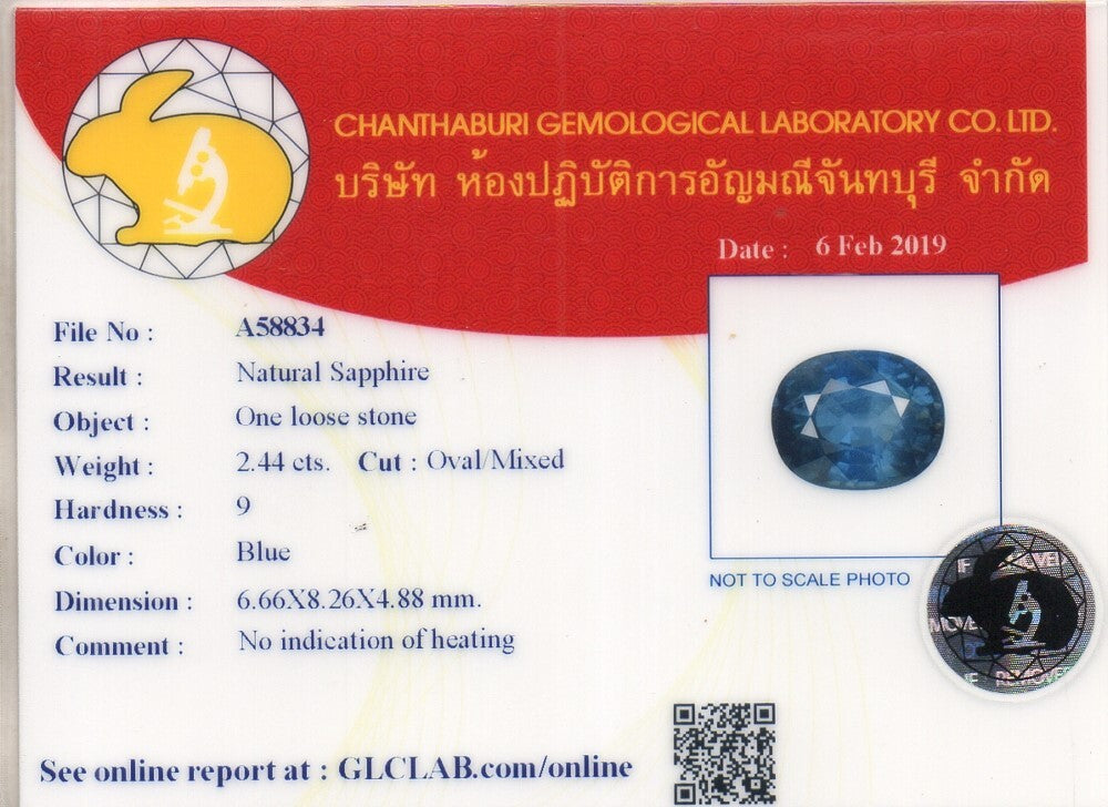 Laboratory report for CERTIFICATE Incl.* 2.44ct Oval Unheated Blue Sapphire Gemstone, Africa