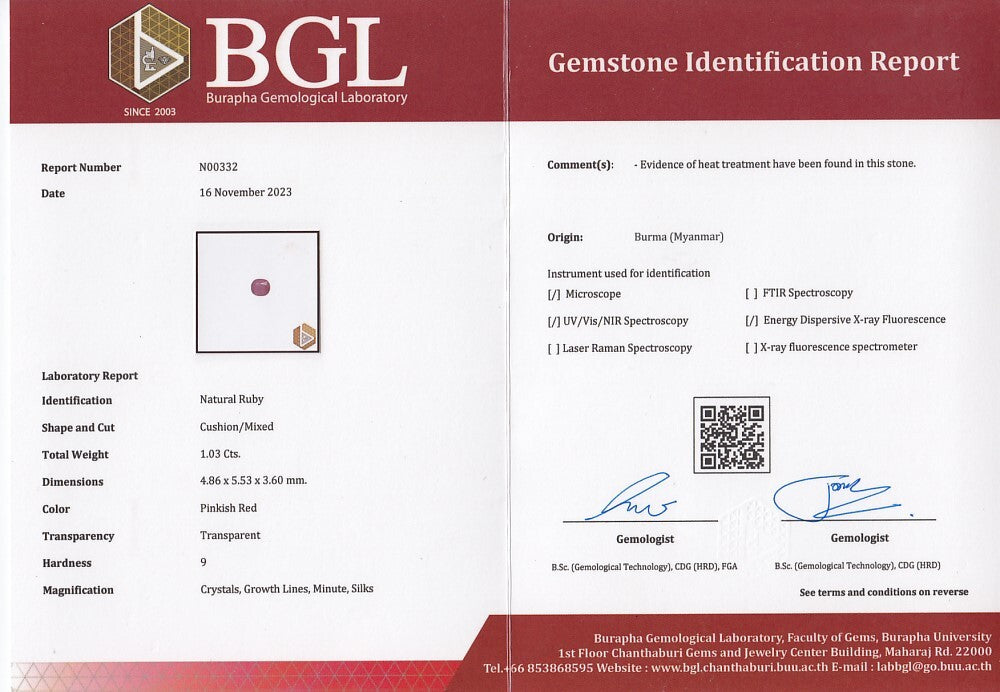 Laboratory report for BGL CERTIFICATE Incl.* 1.03ct Cushion Pinkish Red Ruby Myanmar Gemstone