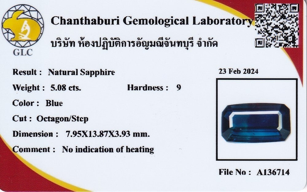 Laboratory report for CERTIFICATE Incl.*Big! 5.08ct VS Octagon Unheated Blue Sapphire Gemstone, Africa