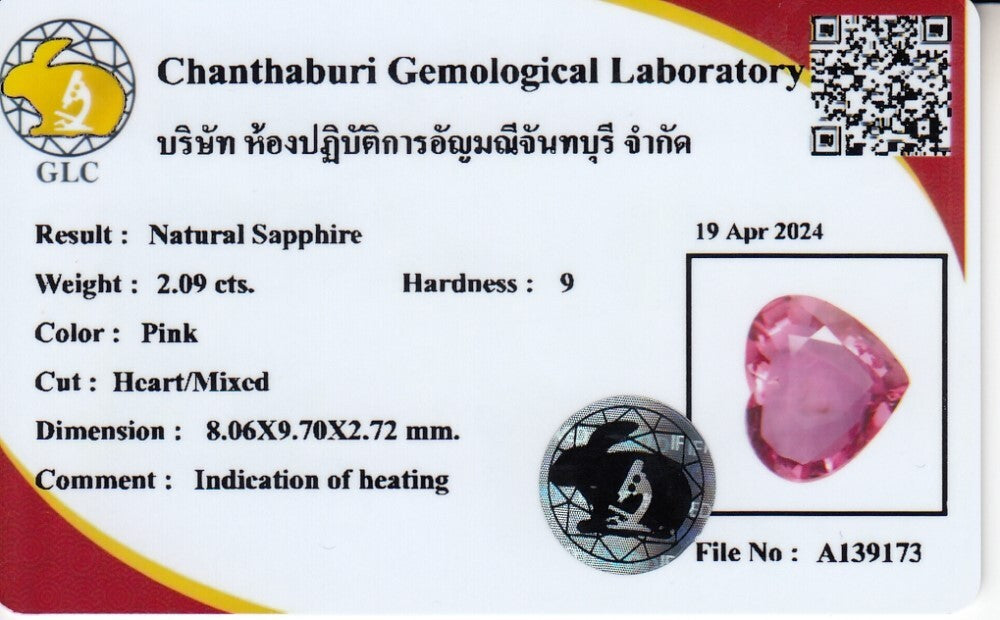 Laboratory report for CERTIFICATE Incl.*2.09ct Heart Natural Pink Sapphire Gemstone Mozambique *Heated